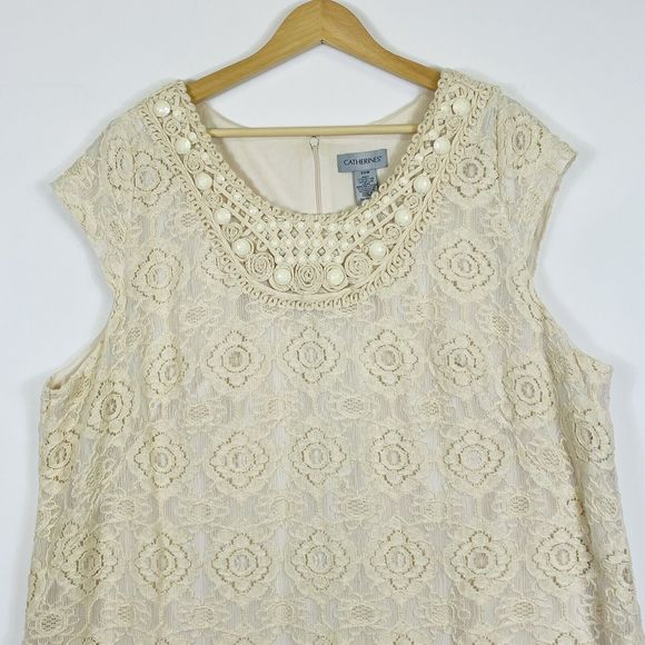 Catherines Ivory Lace Lined Beaded Collar Short Sleeve Sheath Dress Womens 2X - Picture 2 of 7